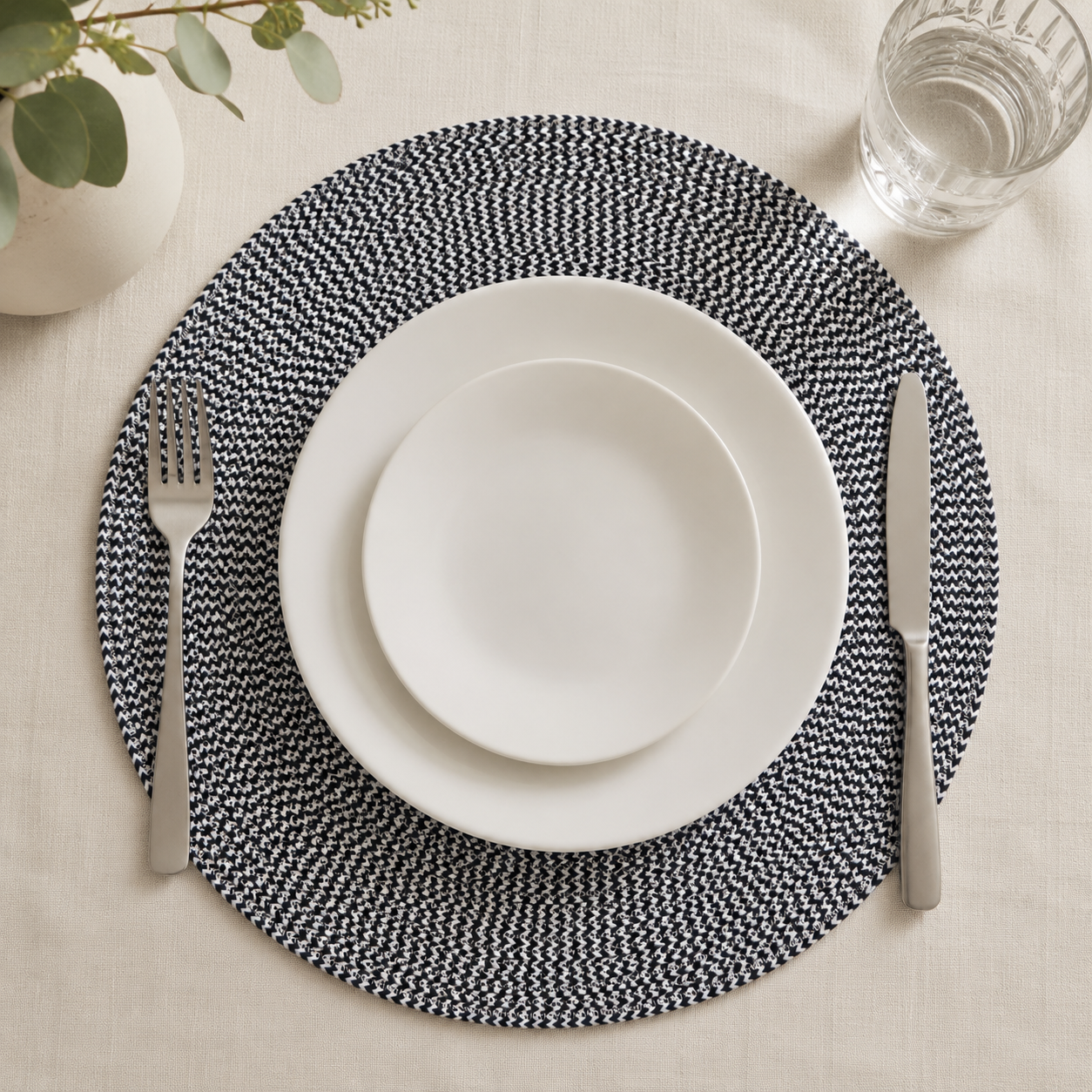 Monochrome round cotton cord table mat by Leila Lanka