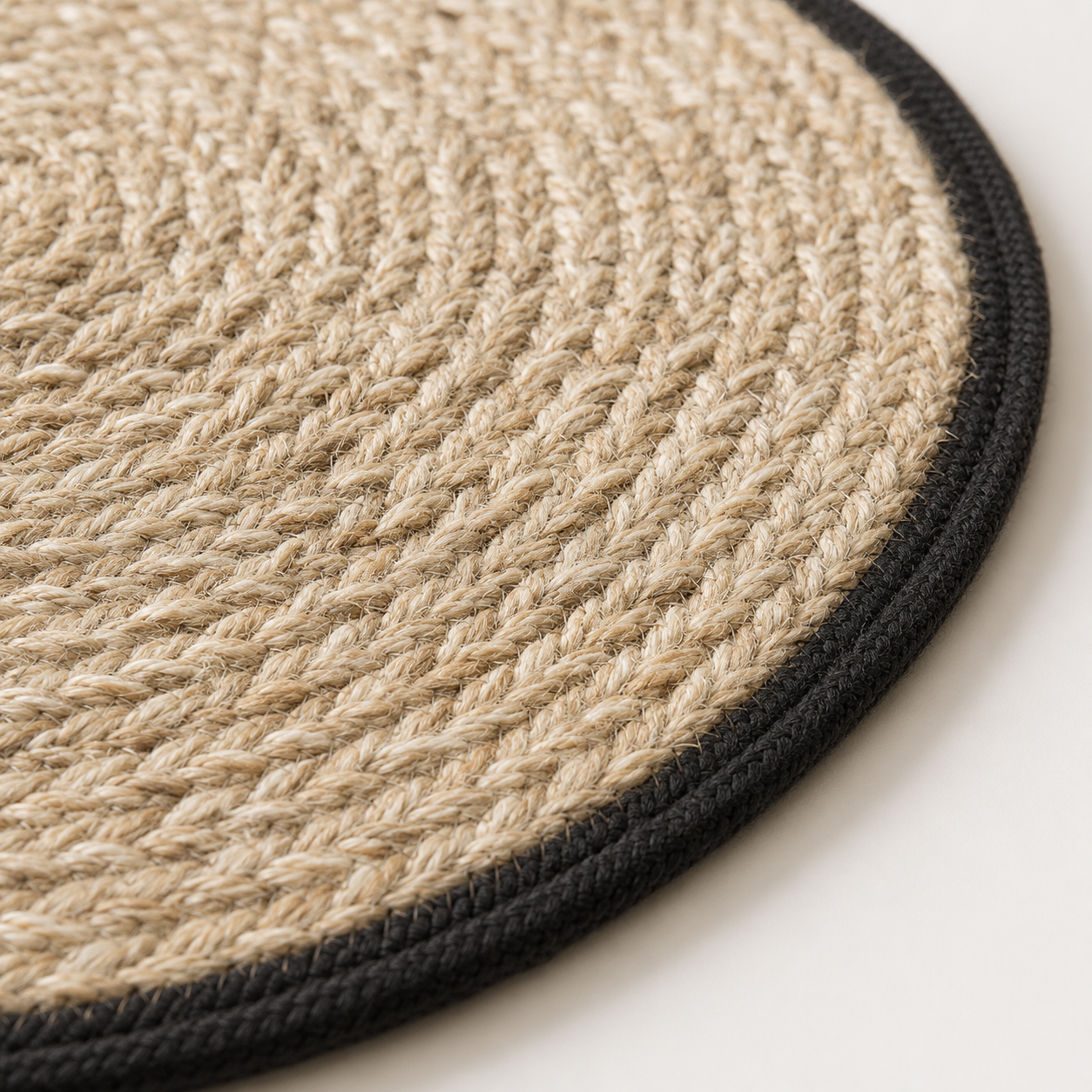 Close-up of braided jute round table mat by Leila Lanka