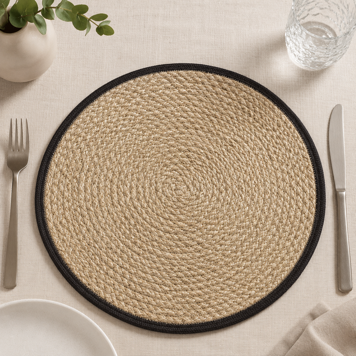 Braided jute round table mat with cotton cord border by Leila Lanka