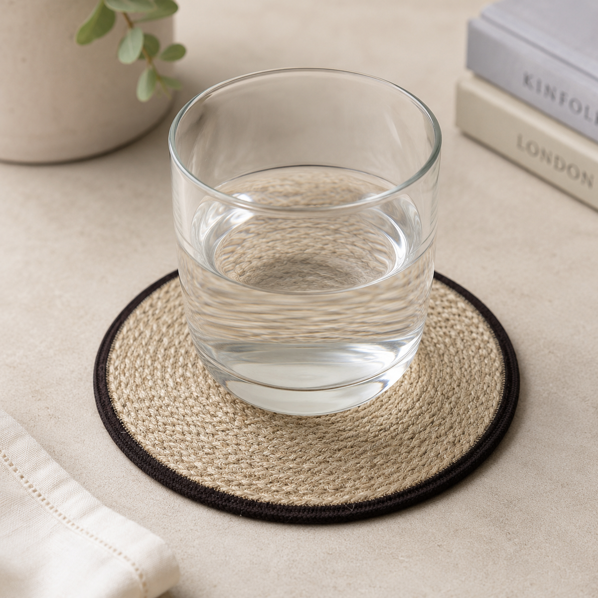 Braided jute coaster with cotton cord border by Leila Lanka