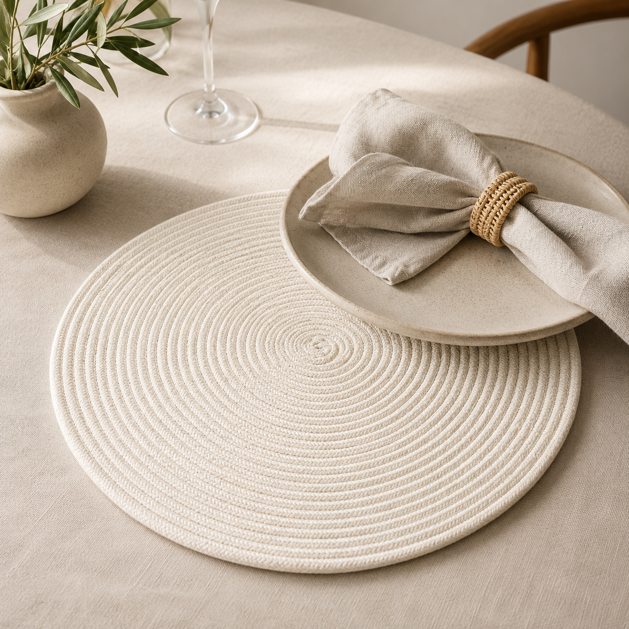 Alabaster round cotton cord table mat by Leila Lanka