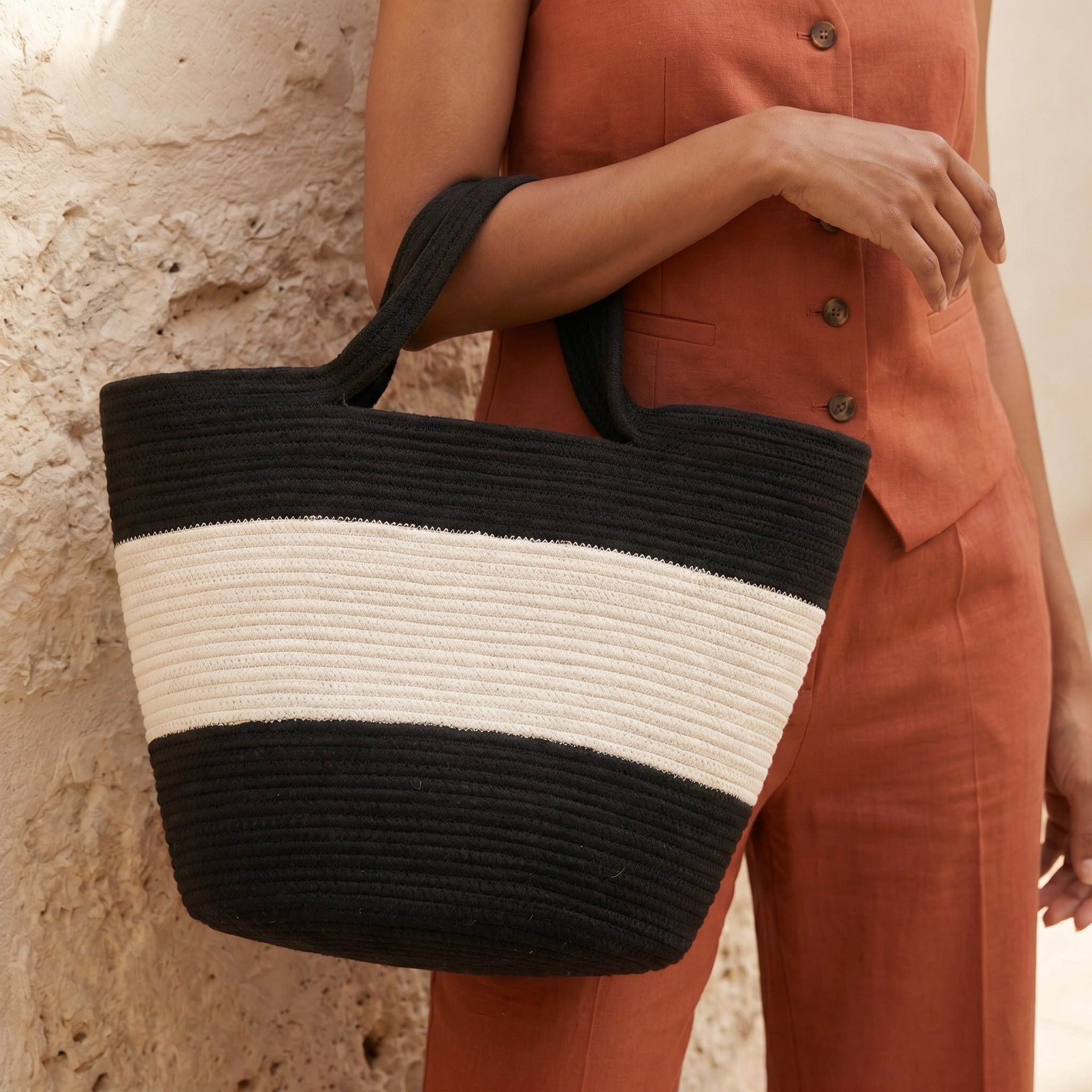 Stella handwoven cotton cord tote bag by Leila front view