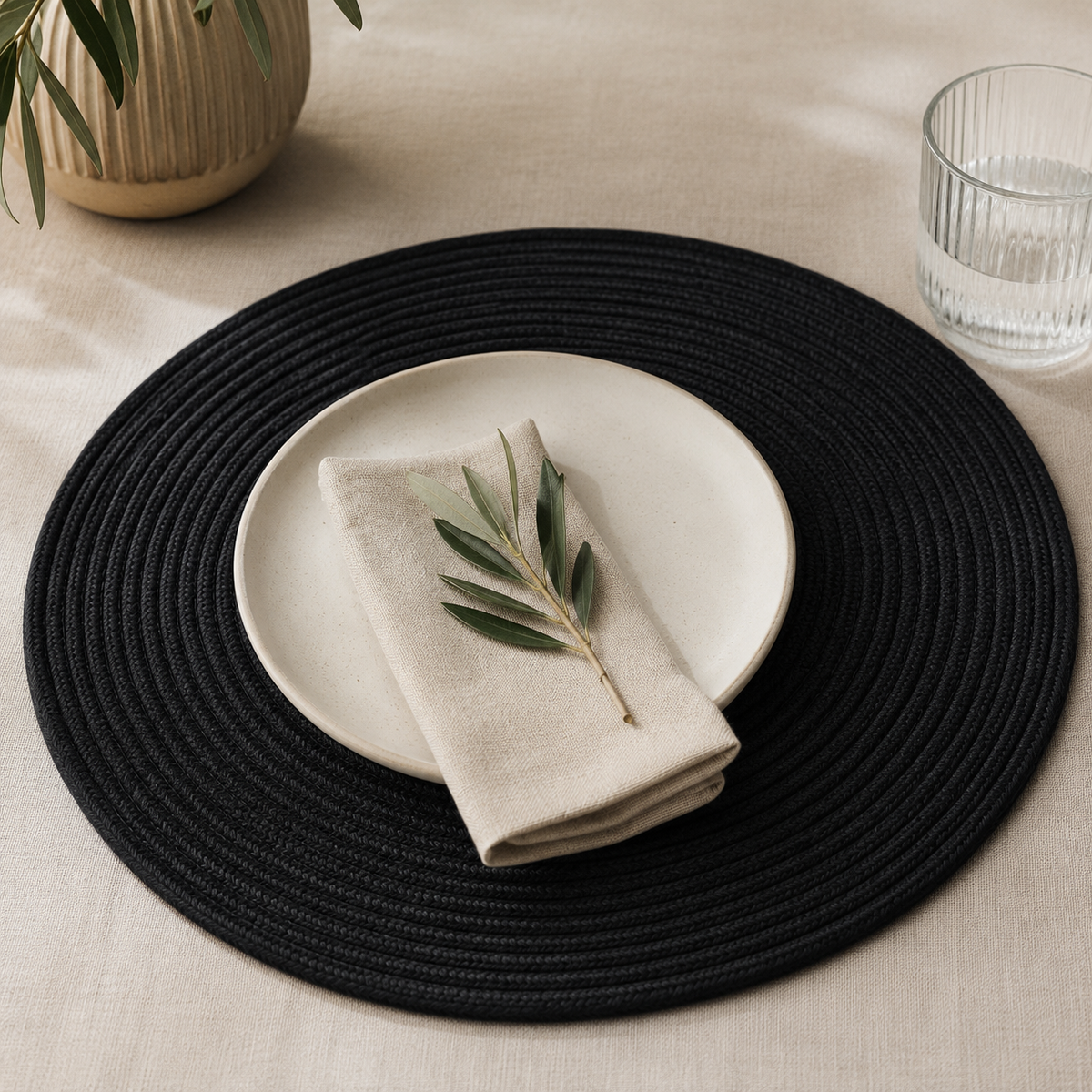 Noir round cotton cord table mat by Leila Lanka