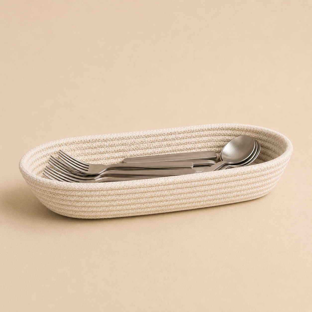 Alabaster cotton cord cutlery holder with organised table cutlery by Leila Lanka