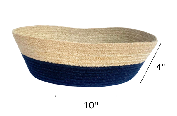 Handwoven cotton cord fruit basket dimensions showing 10 inch width and 4 inch height